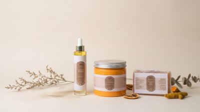 turmeric + kojic acid brightening trio: sugar scrub, cleansing soap, & ultimate glow oil